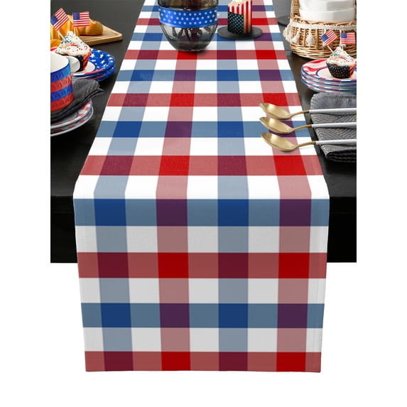 Table Runner Dresser Scarves 108 Inch Long, Independence Day Patriotic Buffalo Plaid Linen Dining Table Runners Freedom Red Blue White Checker Tabletop Scarf for Wedding Holiday Party Kitchen