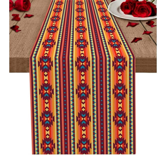 Table Runner Dresser Scarves 108 Inch Long, Indian Geometric Ethnic Tribal Art Linen Dining Table Runners Abstract Vintage Native Texture Tabletop Scarf for Wedding Holiday Party Kitchen