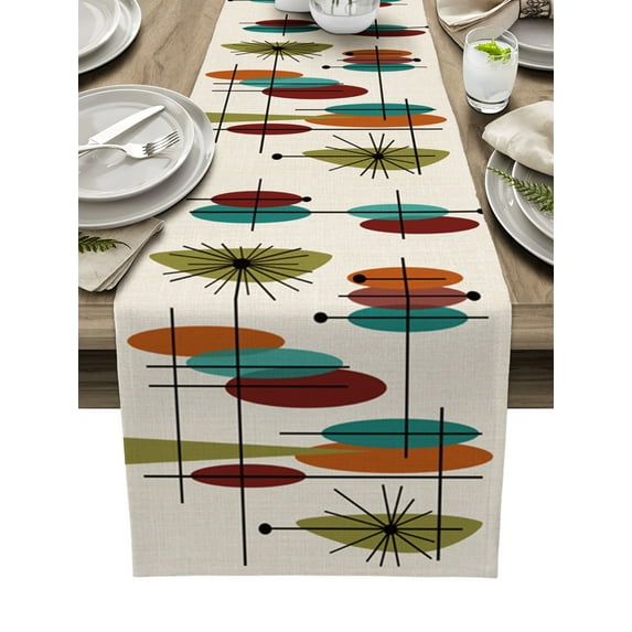 Table Runner Dresser Scarves 108 Inch Long, Medieval Abstract Geometric Art Linen Dining Table Runners Orange Teal Red Oval on Linen Tabletop Scarf for Wedding Holiday Party Kitchen