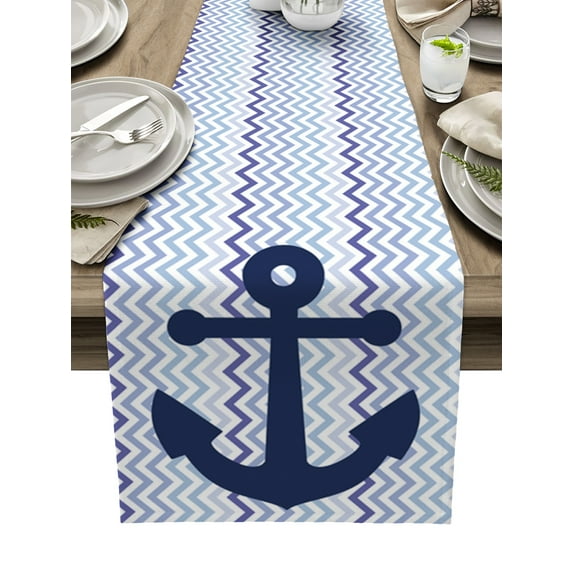 Table Runner Dresser Scarves 108 Inch Long, Nautical Navy Blue Anchor Linen Dining Table Runners Ripple Wave Chevron Stripe Tabletop Scarf for Wedding Holiday Party Kitchen