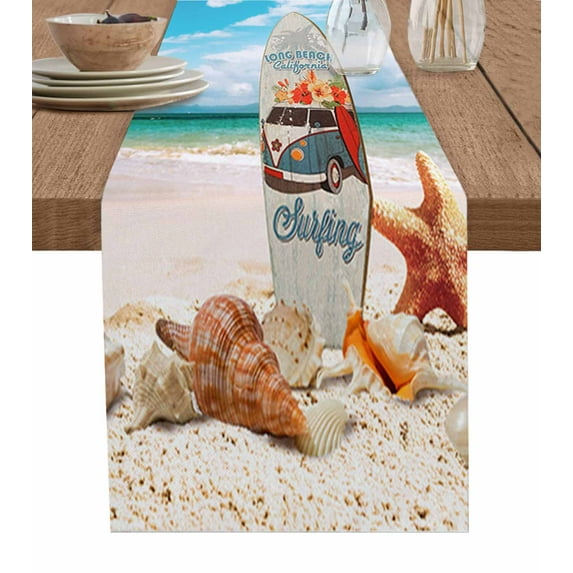 Table Runner Dresser Scarves 108 Inch Long, Summer Surfing and Sea Beach Starfish Shell Linen Dining Table Runners Blue Sky Tabletop Scarf for Wedding Holiday Party Kitchen