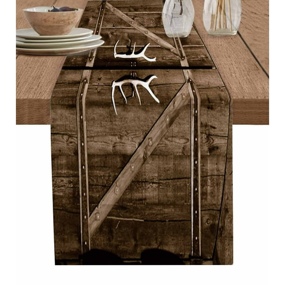 Table Runner Dresser Scarves 108 Inch Long, Vintage Elk Horn on Wooden Door Linen Dining Table Runners Farm Retro Brown Wood Barn Tabletop Scarf for Wedding Holiday Party Kitchen