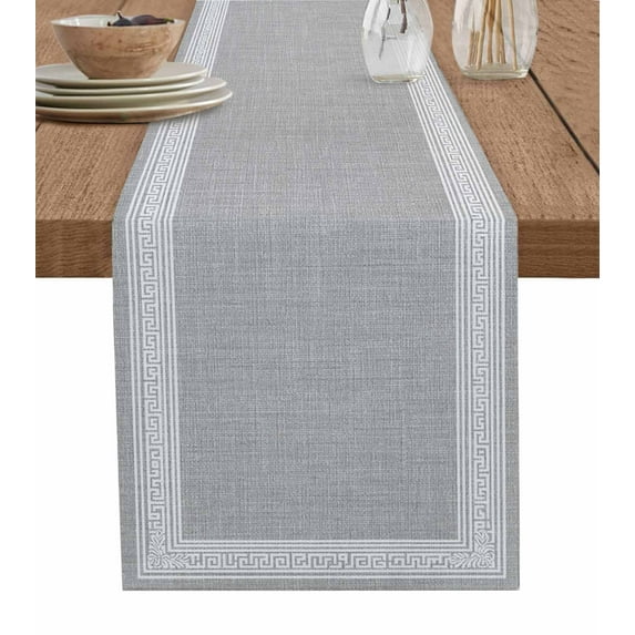Table Runner Dresser Scarves 108 Inch Long,Vintage Key Pattern Grey Linen Linen Dining Table Runners Abstract Square Texture Tabletop Scarf for Wedding Holiday Party Kitchen