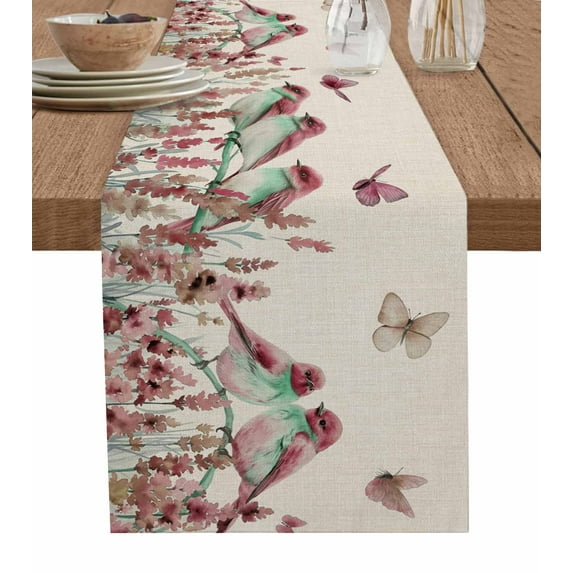Table Runner Dresser Scarves 108 Inch Long,Watercolor Bird Flower Butterfly Linen Dining Table Runners Garden Floral on Burlap Linen Tabletop Scarf for Wedding Holiday Party Kitchen