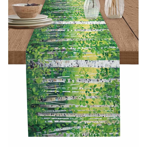 Table Runner Dresser Scarves 108 Inch Long,Wild Natural Forest Green Leaves Linen Dining Table Runners Oil Painting Botanical Tree Tabletop Scarf for Wedding Holiday Party Kitchen