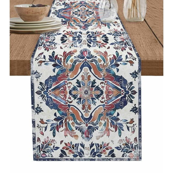 Table Runner Dresser Scarves 120 Inch Long,Boho Abstract Flower Leaves Texture Linen Dining Table Runners Ethnic Vintage Floral Art Tabletop Scarf for Wedding Holiday Party Kitchen