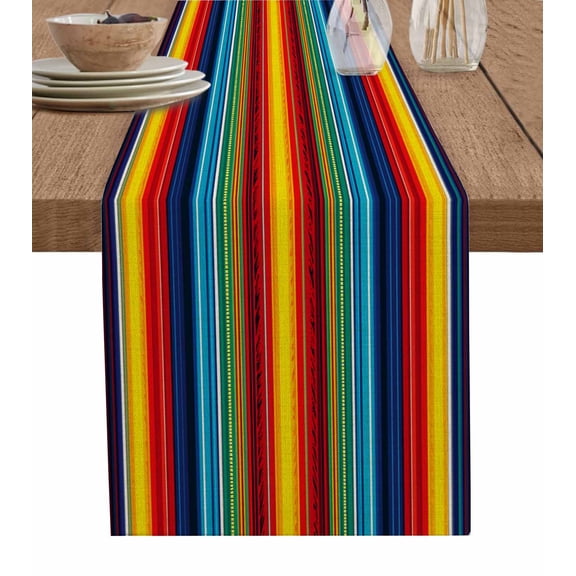 Table Runner Dresser Scarves 120 Inch Long,Boho Ethnic Mexican Stripes Linen Dining Table Runners Native Colorful American Stripe Tabletop Scarf for Wedding Holiday Party Kitchen