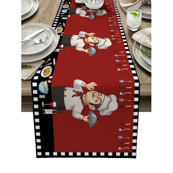 Table Runner Dresser Scarves 120 Inch Long, Chef Kitchen Cookers Plates Linen Dining Table Runners Retro Buffalo Check and Red Tabletop Scarf for Wedding Holiday Party Kitchen