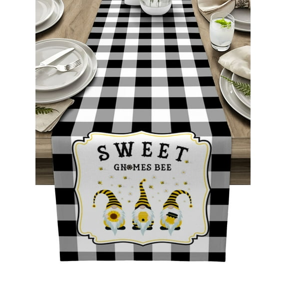 Table Runner Dresser Scarves 120 Inch Long, Farm Bee Gnome Daisy Floral Linen Dining Table Runners White Black Plaid Buffalo Tabletop Scarf for Wedding Holiday Party Kitchen