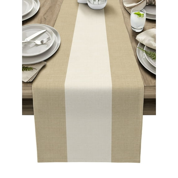 Table Runner Dresser Scarves 120 Inch Long, Farmhouse Khaki and Vintage Brown Color Block Striped Linen Dining Table Runners Burlap Texture Tabletop Scarf for Wedding Holiday Party Kitchen
