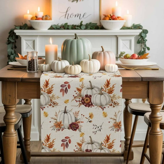 Table Runner Dresser Scarves 120 Inch Long,Farmhouse Maple Leaf Pumpkin Linen Dining Table Runners Thanksgiving Fall Plant Linen Tabletop Scarf for Wedding Holiday Party Kitchen