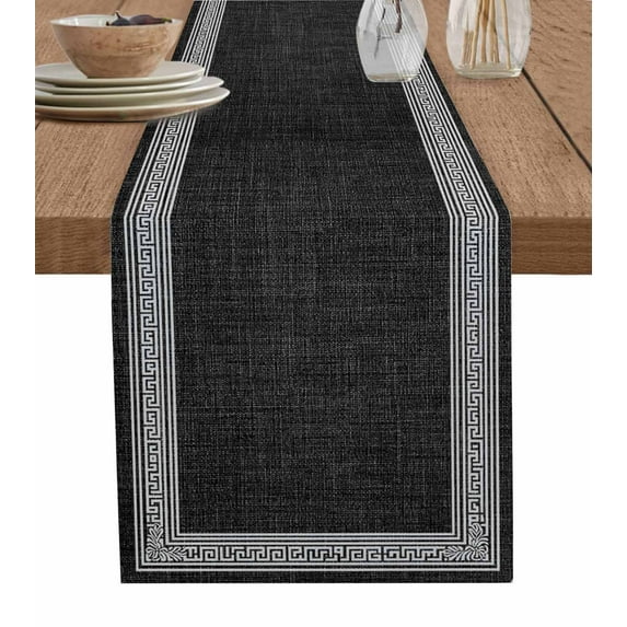 Table Runner Dresser Scarves 120 Inch Long,Greece Key Design Black White Linen Dining Table Runners Vintage Burlap Linen Tabletop Scarf for Wedding Holiday Party Kitchen