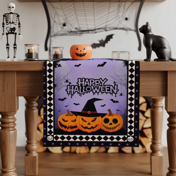 Table Runner Dresser Scarves 120 Inch Long,Halloween Pumpkin Ghost Face Witch Hat Crow Linen Dining Table Runners Spiders- Web Purple Mist Tabletop Scarf for Wedding Holiday Party Kitchen