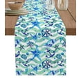 thumbnail image 1 of Table Runner Dresser Scarves 120 Inch Long, Marine Starfish Sea Conch on Wave Stripe Linen Dining Table Runners Ocean Nautical Anchor Rudder Tabletop Scarf for Wedding Holiday Party Kitchen, 1 of 7