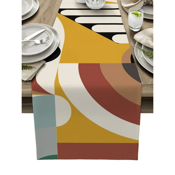 Table Runner Dresser Scarves 120 Inch Long, Mid Century Abstract Geometric Linen Dining Table Runners Retro, Symbols Art Tabletop Scarf for Wedding Holiday Party Kitchen