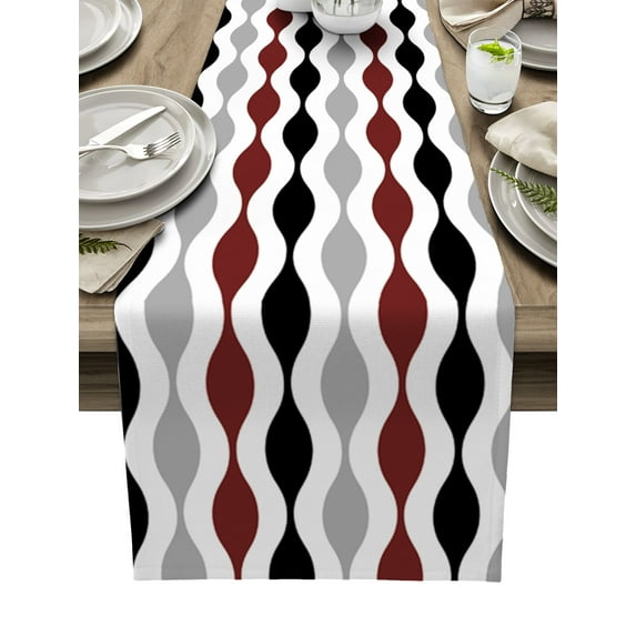 Table Runner Dresser Scarves 120 Inch Long, Mordern Art Geometric Pattern Linen Dining Table Runners Red Gary Black Texture Tabletop Scarf for Wedding Holiday Party Kitchen