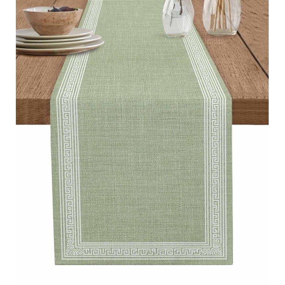 Table Runner Dresser Scarves 120 Inch Long,Sage Green Linen Burlap Key Linen Dining Table Runners Abstract Greek Inspired Texture Tabletop Scarf for Wedding Holiday Party Kitchen