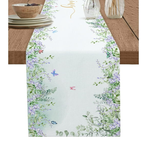 Table Runner Dresser Scarves 120 Inch Long, Spring Watercolor Flower Leaves Plant Linen Dining Table Runners Floral Botanical Foliage Butterfly Tabletop Scarf for Wedding Holiday Party Kitchen