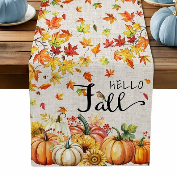 Table Runner Dresser Scarves 120 Inch Long,Thanksgiving Pumpkin Leaf Linen Dining Table Runners Fall Farmhouse Botanical on Linen Tabletop Scarf for Wedding Holiday Party Kitchen