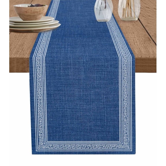 Table Runner Dresser Scarves 120 Inch Long,Vintage Key Design Navy Blue Linen Dining Table Runners Greece Inspired Stripe Tabletop Scarf for Wedding Holiday Party Kitchen