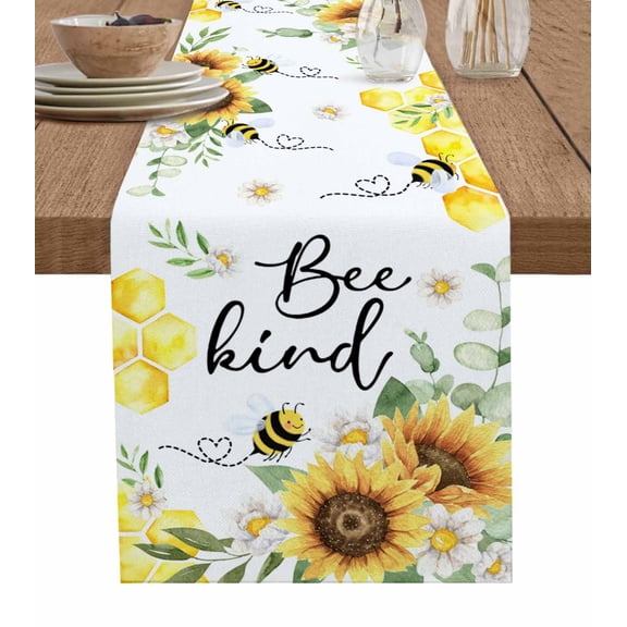 Table Runner Dresser Scarves 120 Inch Long,Watercolor Blossom Floral Leaves Bee Linen Dining Table Runners Sunflower Honeycomb on White Tabletop Scarf for Wedding Holiday Party Kitchen