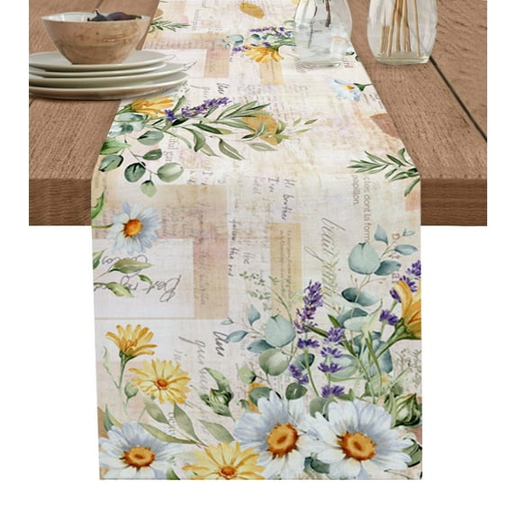 Table Runner Dresser Scarves 120 Inch Long, Watercolor Floral Eucalyptus Leaf Linen Dining Table Runners Flower on Vintage Newspaper Tabletop Scarf for Wedding Holiday Party Kitchen