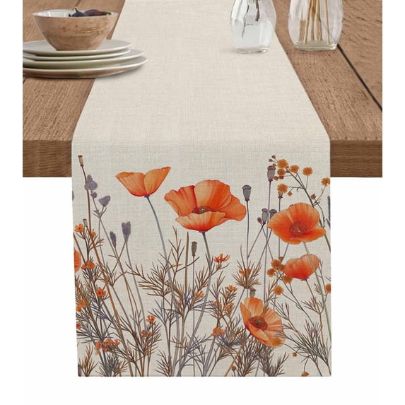 Table Runner Dresser Scarves 120 Inch Long,Watercolor Garden Flower Plant Linen Dining Table Runners Blossom Poppy Floral on Burlap Tabletop Scarf for Wedding Holiday Party Kitchen