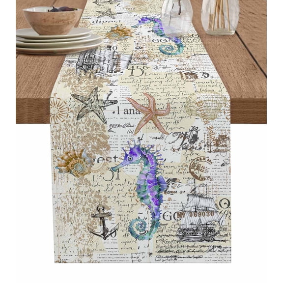 Table Runner Dresser Scarves 120 Inch Long,Watercolor Marine Seahorse Starfish Linen Dining Table Runners Sailboat Shell on Retro Newspaper Tabletop Scarf for Wedding Holiday Party Kitchen