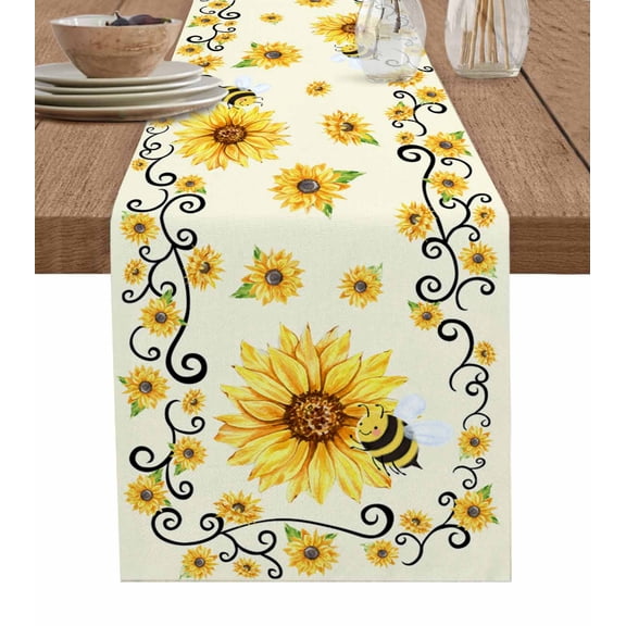 Table Runner Dresser Scarves 120 Inch Long,Watercolor Sunflower Rustic Bee Linen Dining Table Runners Blossom Floral Swirling on Yellow Tabletop Scarf for Wedding Holiday Party Kitchen