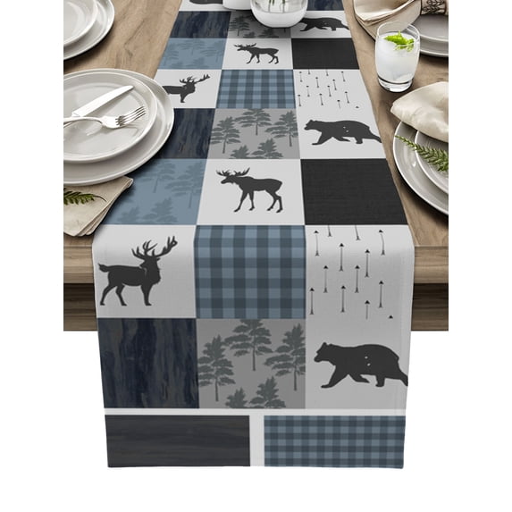 Table Runner Dresser Scarves 120 Inch Long, Wild Animals Reindeer Bears Linen Dining Table Runners Retro Forest Rustic Plaid Tabletop Scarf for Wedding Holiday Party Kitchen
