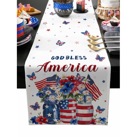 Table Runner Dresser Scarves 36 Inch Long,4th of July God Bless American Text Linen Dining Table Runners Rustic Floral Butterfly Star Tabletop Scarf for Wedding Holiday Party Kitchen
