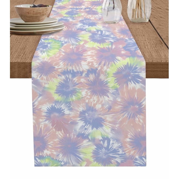 Table Runner Dresser Scarves 36 Inch Long,Abstract Colorful Tie Dye Pattern Linen Dining Table Runners Seamless Ethnic Floral Swirl Art Tabletop Scarf for Wedding Holiday Party Kitchen