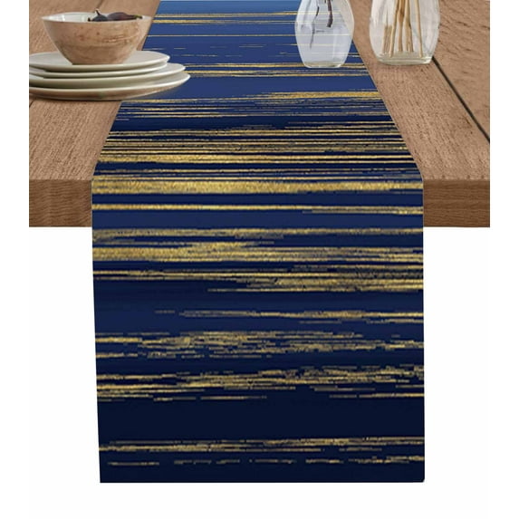Table Runner Dresser Scarves 36 Inch Long, Abstract Navy Blue and Golden Texture Linen Dining Table Runners Classic Modern Simplistic Tabletop Scarf for Wedding Holiday Party Kitchen