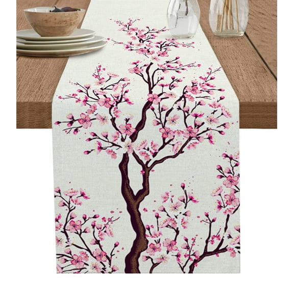 Table Runner Dresser Scarves 36 Inch Long, Abstract Pink Cherry Blossom Floral Linen Dining Table Runners Japanese Flower on Burlap Tabletop Scarf for Wedding Holiday Party Kitchen