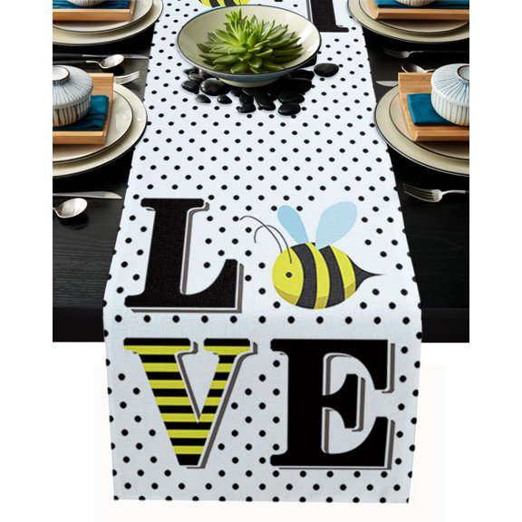 Table Runner Dresser Scarves 36 Inch Long, Abstract Stripe Black Dots Linen Dining Table Runners Cartoon Bee Love Quotes Tabletop Scarf for Wedding Holiday Party Kitchen