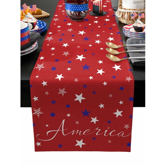 Table Runner Dresser Scarves 36 Inch Long,American Stars on Red Linen Dining Table Runners Independence Day USA Stripe Star Tabletop Scarf for Wedding Holiday Party Kitchen