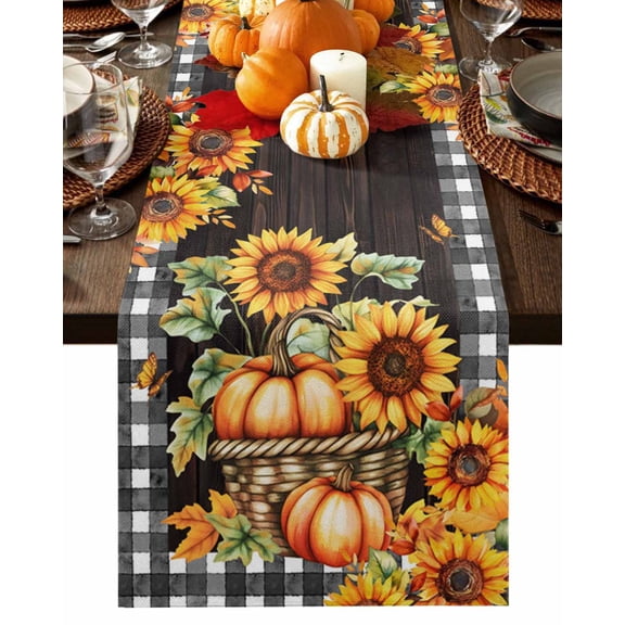 Table Runner Dresser Scarves 36 Inch Long,Autumn Harvest Sunflower Pumpkin Linen Dining Table Runners Fall Maple Leaves Brown Wood Tabletop Scarf for Wedding Holiday Party Kitchen