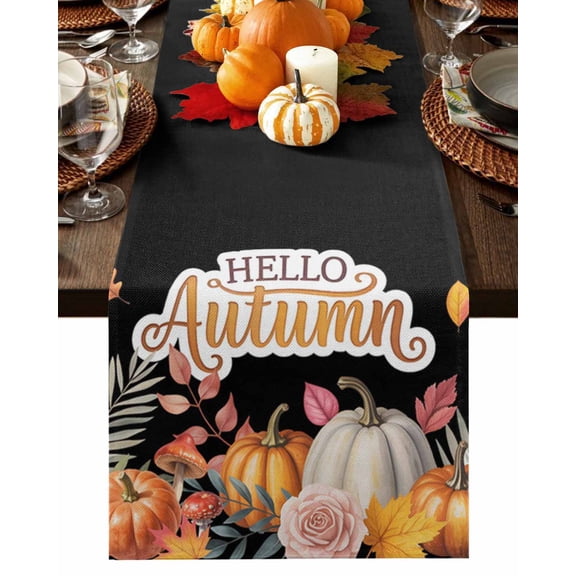 Table Runner Dresser Scarves 36 Inch Long,Autumn Pumpkin Flower Maple Leaf Linen Dining Table Runners Fall Plant on Black Tabletop Scarf for Wedding Holiday Party Kitchen