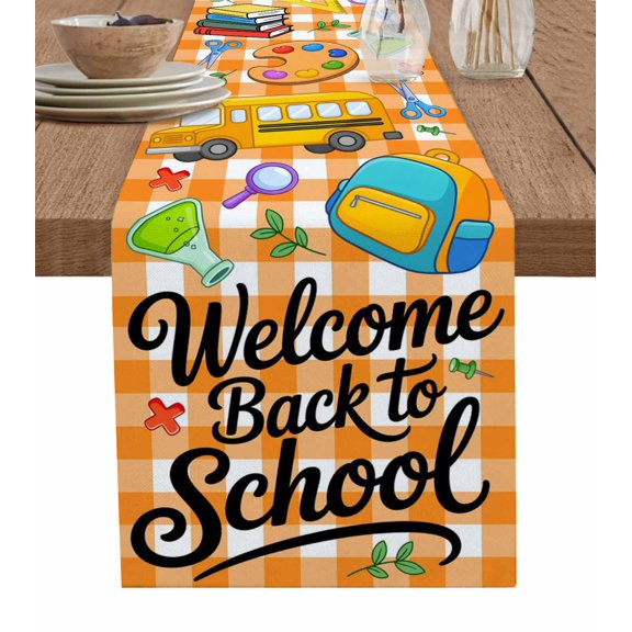 Table Runner Dresser Scarves 36 Inch Long,Back To School Season Orange Plaid Linen Dining Table Runners Bag Bus Book Ruler Tabletop Scarf for Wedding Holiday Party Kitchen