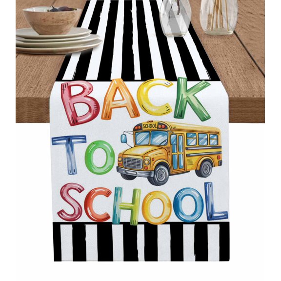 Table Runner Dresser Scarves 36 Inch Long,Back To Watercolor School Bus Linen Dining Table Runners Black Stripe White Tabletop Scarf for Wedding Holiday Party Kitchen