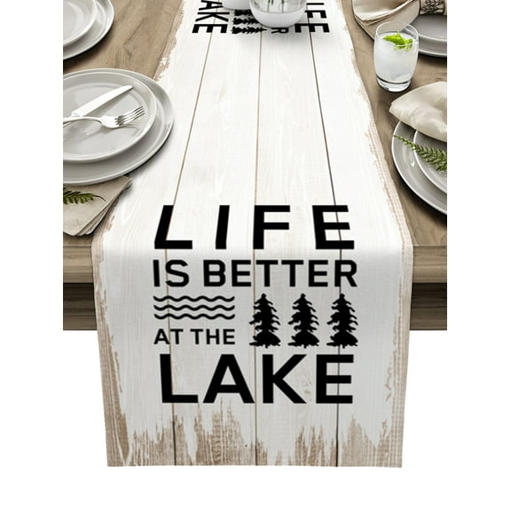 Table Runner Dresser Scarves 36 Inch Long, Better Life Lake Tree Quotes Linen Dining Table Runners Vintage Wooden Plank Tabletop Scarf for Wedding Holiday Party Kitchen