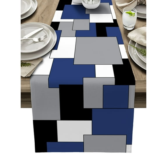 Table Runner Dresser Scarves 36 Inch Long, Blue Black White Grey Art Linen Dining Table Runners Splicing Modern Color Block Tabletop Scarf for Wedding Holiday Party Kitchen