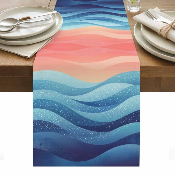 Table Runner Dresser Scarves 36 Inch Long,Blue Peach Layered Ocean Waves Linen Dining Table Runners