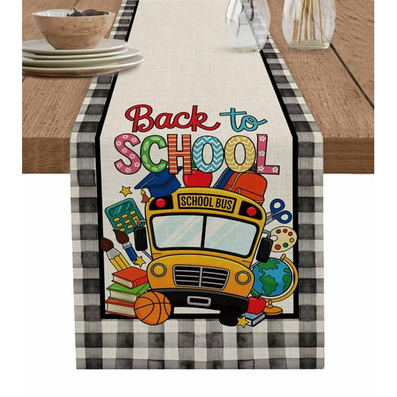 Table Runner Dresser Scarves 36 Inch Long,Bus Book Globe Basketball Linen Linen Dining Table Runners Back to School Season Tabletop Scarf for Wedding Holiday Party Kitchen