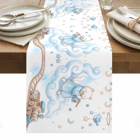 Table Runner Dresser Scarves 36 Inch Long,Cartoon Cats Stars Clouds Rail Orbiting Linen Dining Table Runners