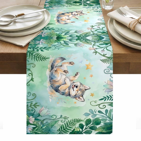 Table Runner Dresser Scarves 36 Inch Long,Cartoon Cute Wolf Stars Linen Dining Table Runners