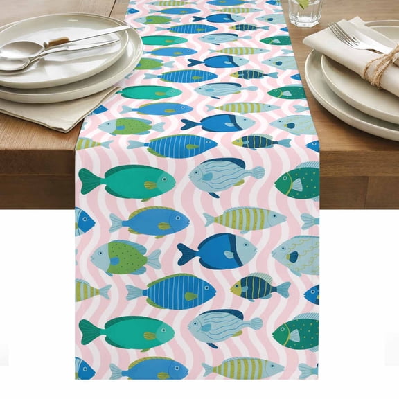 Table Runner Dresser Scarves 36 Inch Long,Cartoon Marine Life Little Fish Linen Dining Table Runners