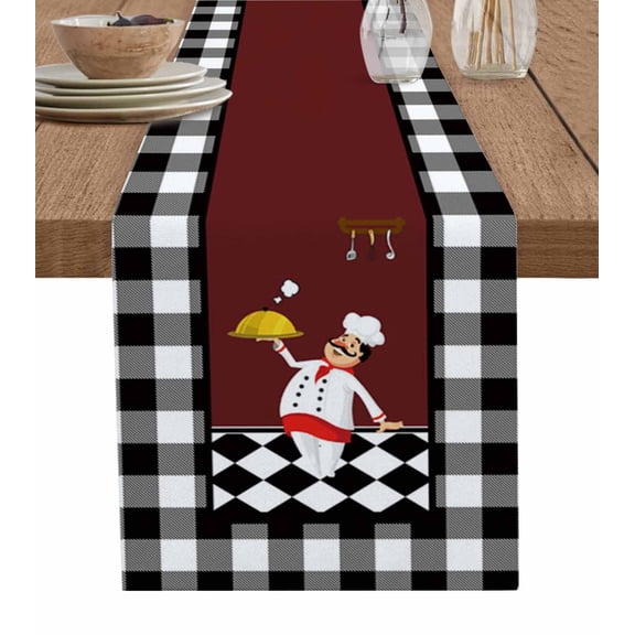 Table Runner Dresser Scarves 36 Inch Long, Chef Kitchen Gourmet Knife Fork Cook Food Linen Dining Table Runners Buffalo Black White Plaid Tabletop Scarf for Wedding Holiday Party Kitchen