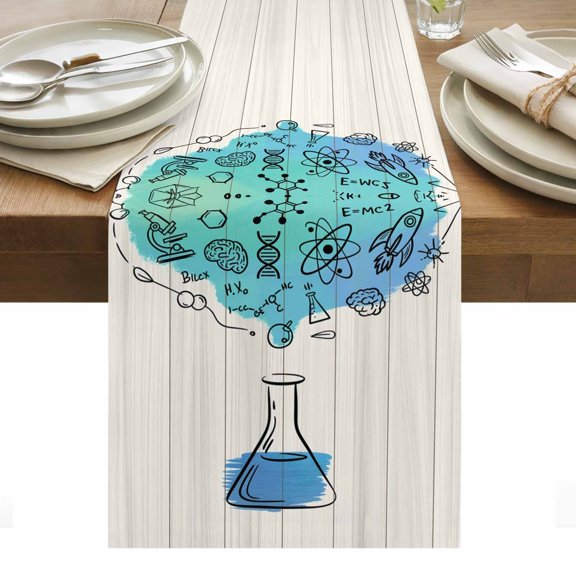 Table Runner Dresser Scarves 36 Inch Long,Chemical Formula Beaker on Wood Grain Linen Dining Table Runners