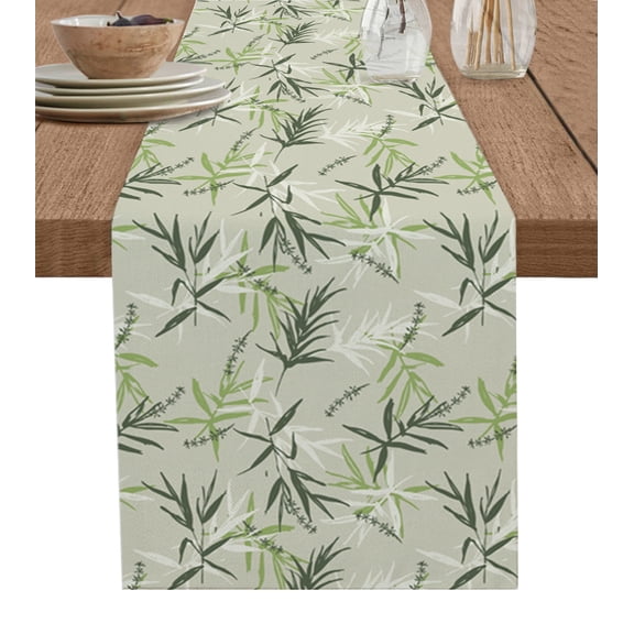 Table Runner Dresser Scarves 36 Inch Long, Chinese Green Bamboo Leaves Print Linen Dining Table Runners Watercolor Seamless Plant Foliage Tabletop Scarf for Wedding Holiday Party Kitchen